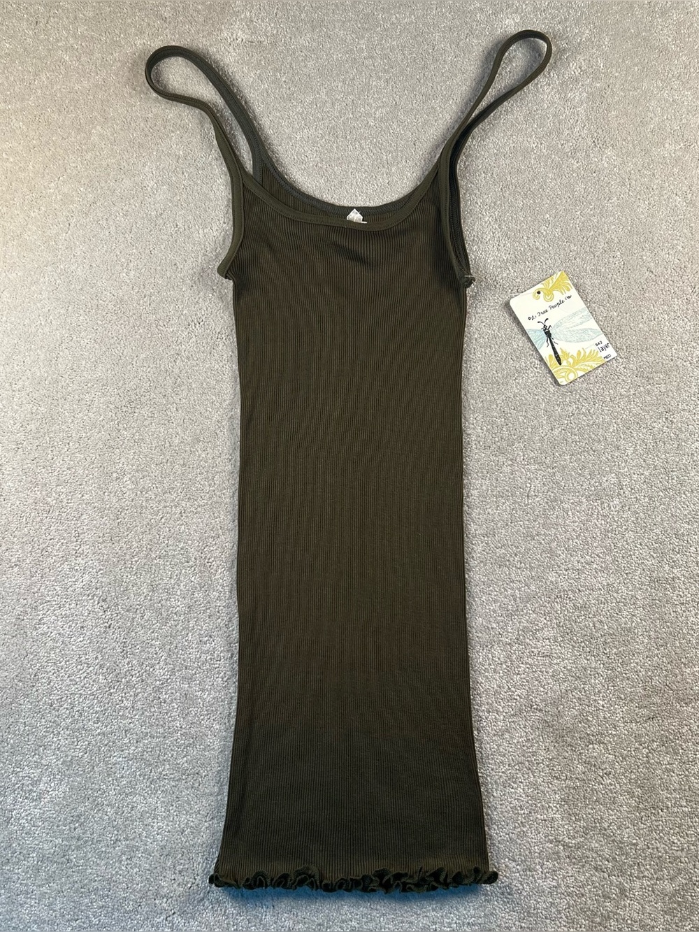 Free People Tank Cami Ribbed Olive Green NWT Stretchy Long Ruffle Hem Cotton Med